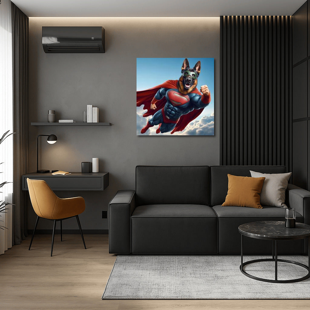 German Shepherd Superhero in the Clouds: Inspiration and Strength for Dreamers