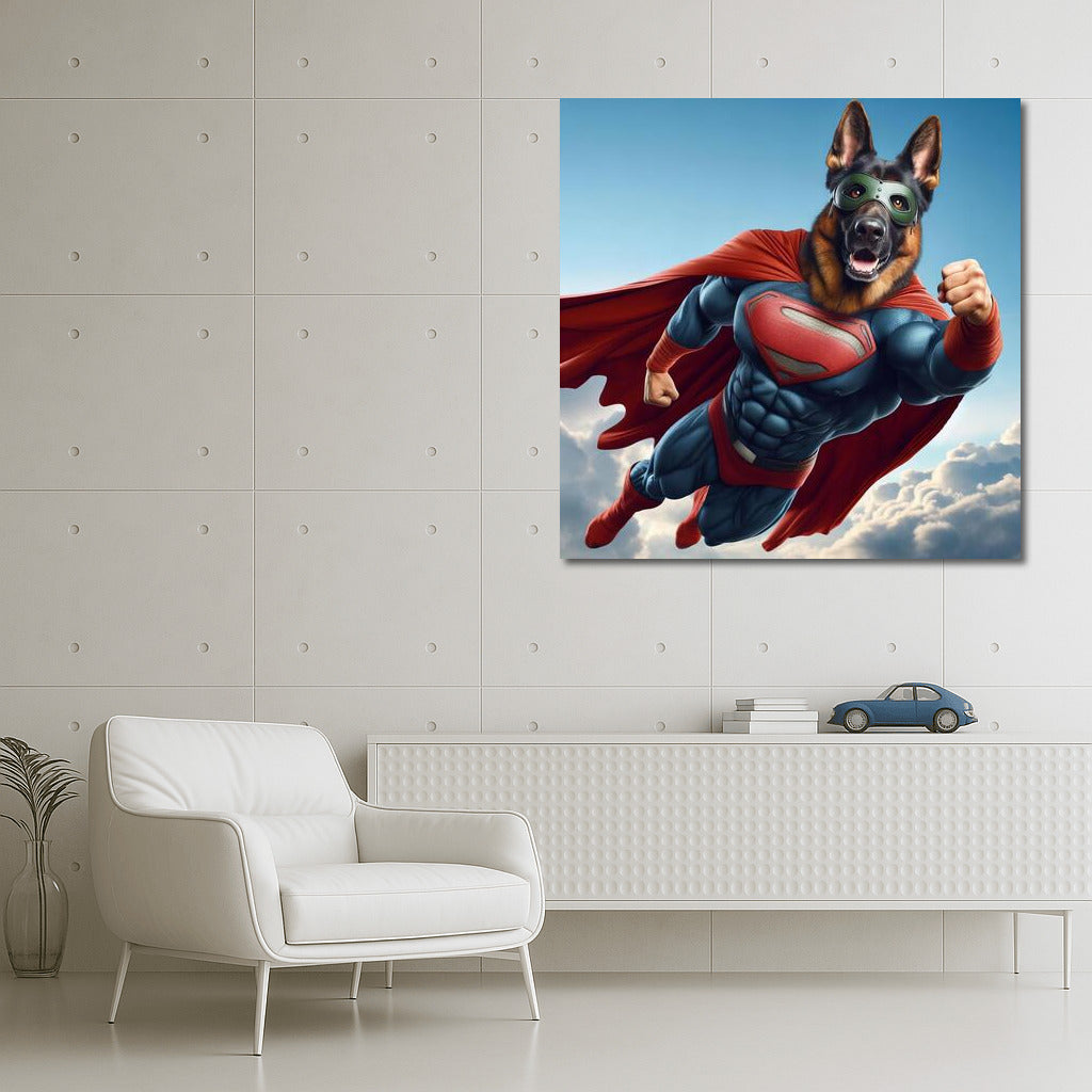 German Shepherd Superhero in the Clouds: Inspiration and Strength for Dreamers