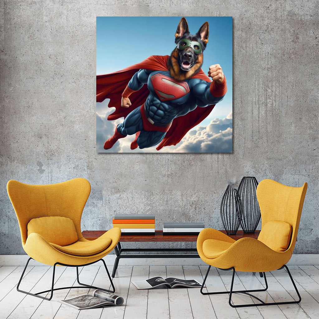 German Shepherd Superhero in the Clouds: Inspiration and Strength for Dreamers