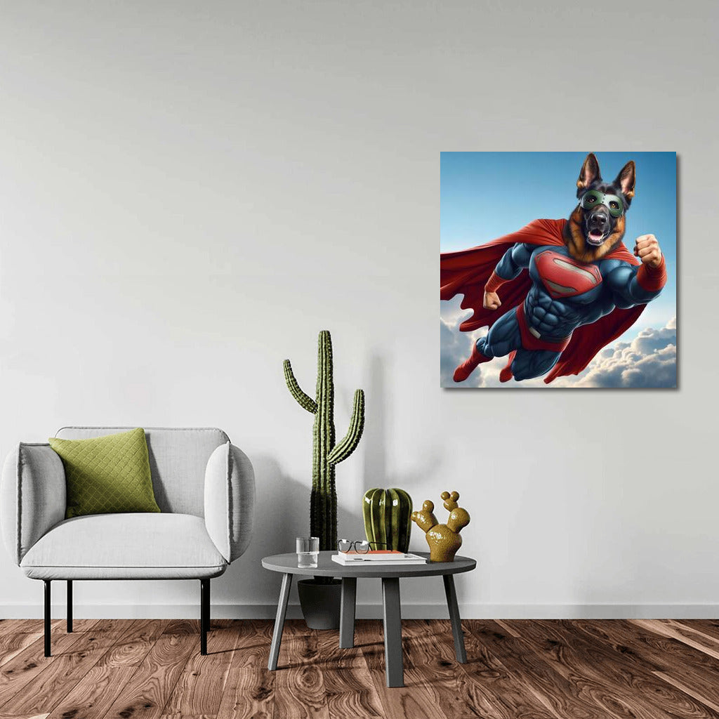 German Shepherd Superhero in the Clouds: Inspiration and Strength for Dreamers