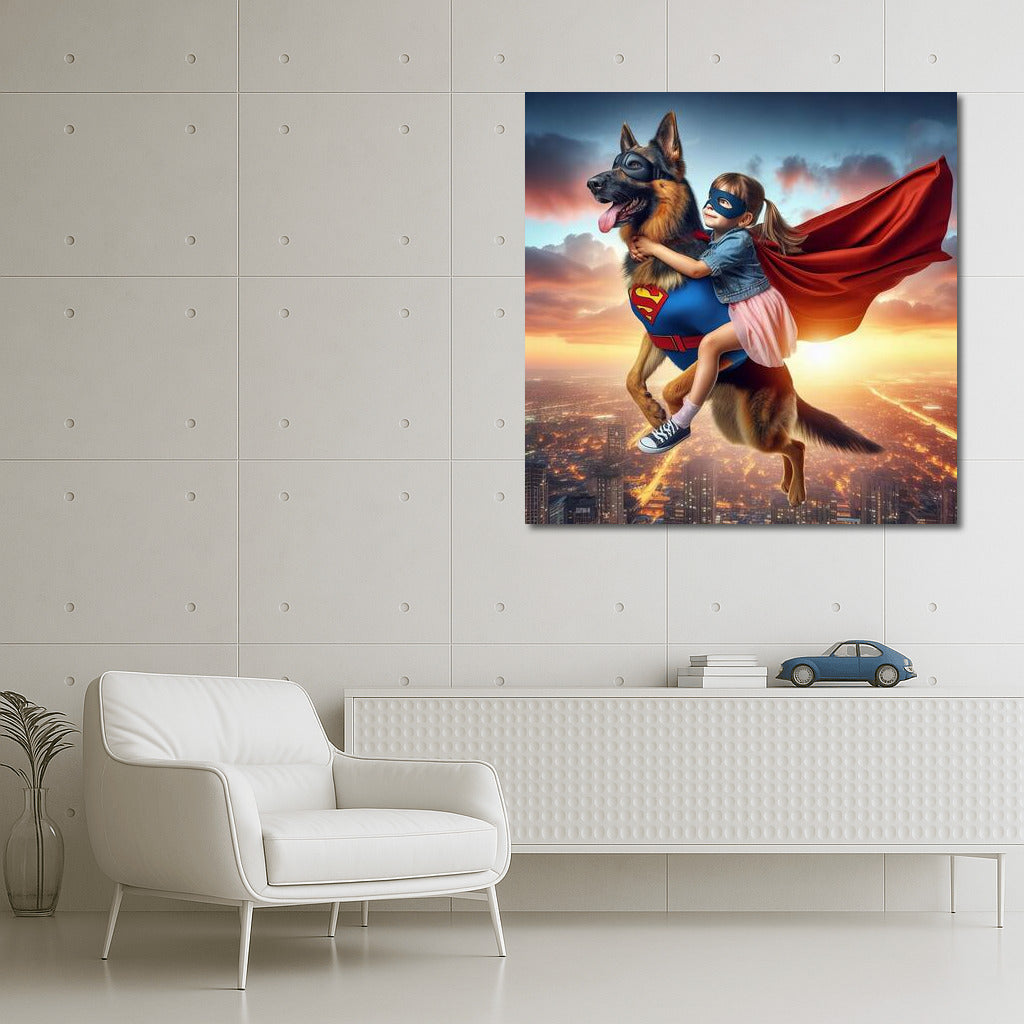 Heroic Flight: Young Rescuer and Superhero German Shepherd