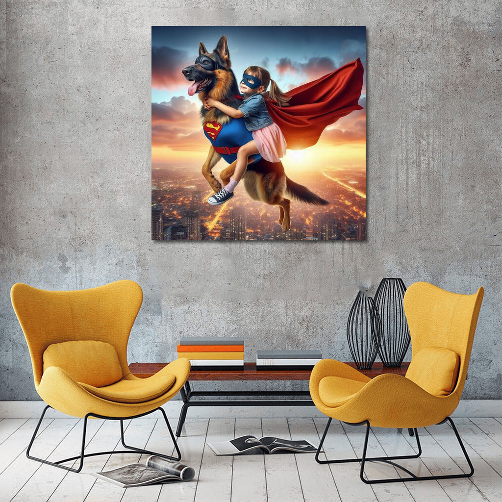 Heroic Flight: Young Rescuer and Superhero German Shepherd