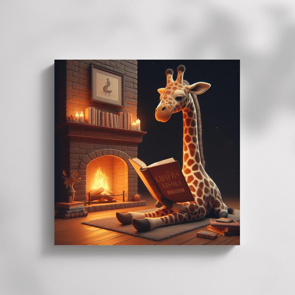 Giraffe at the Fireplace Coziness: Reading in the Warmth