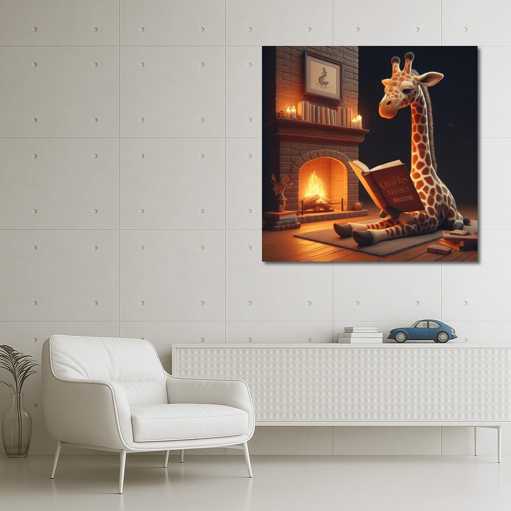 Giraffe at the Fireplace Coziness: Reading in the Warmth