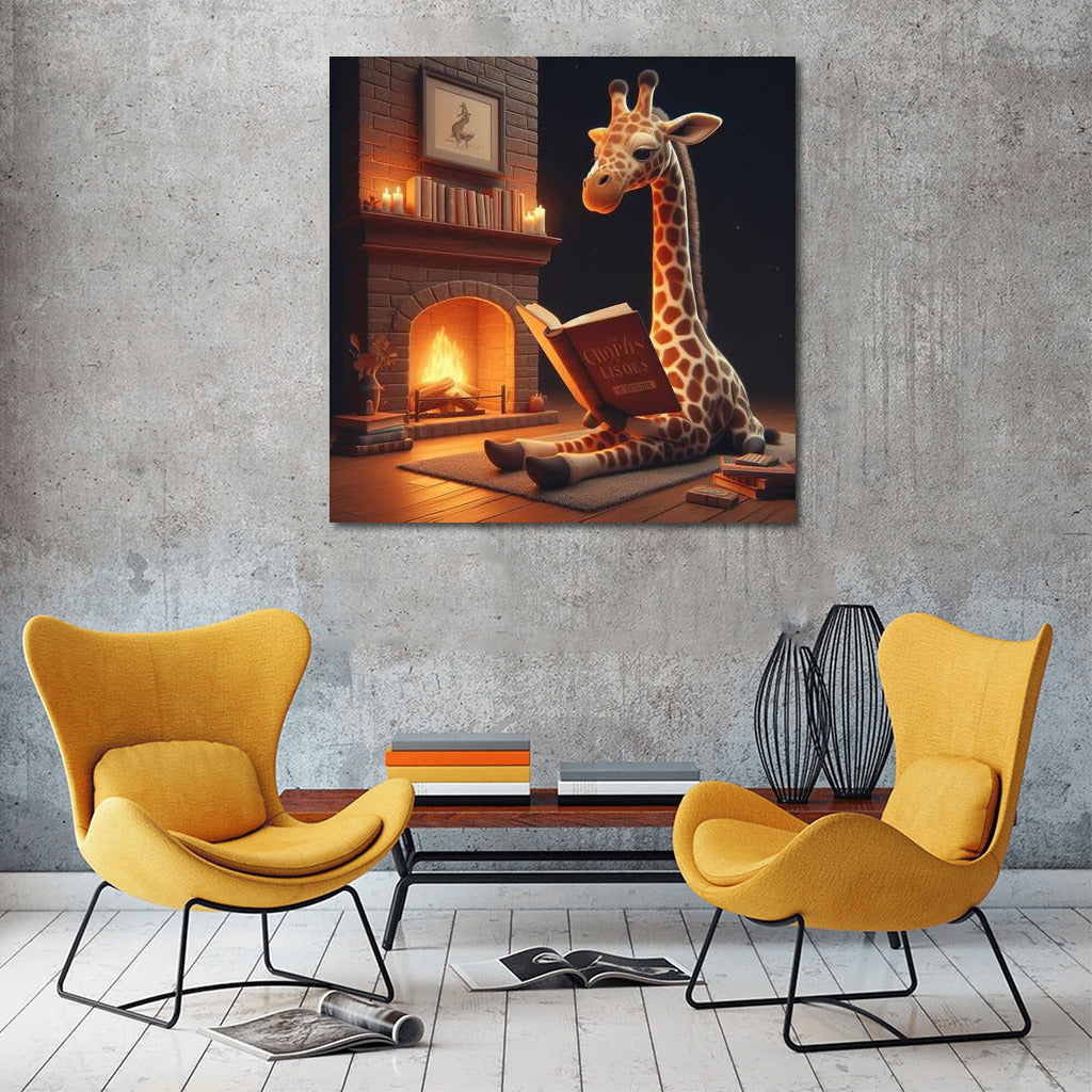 Giraffe at the Fireplace Coziness: Reading in the Warmth