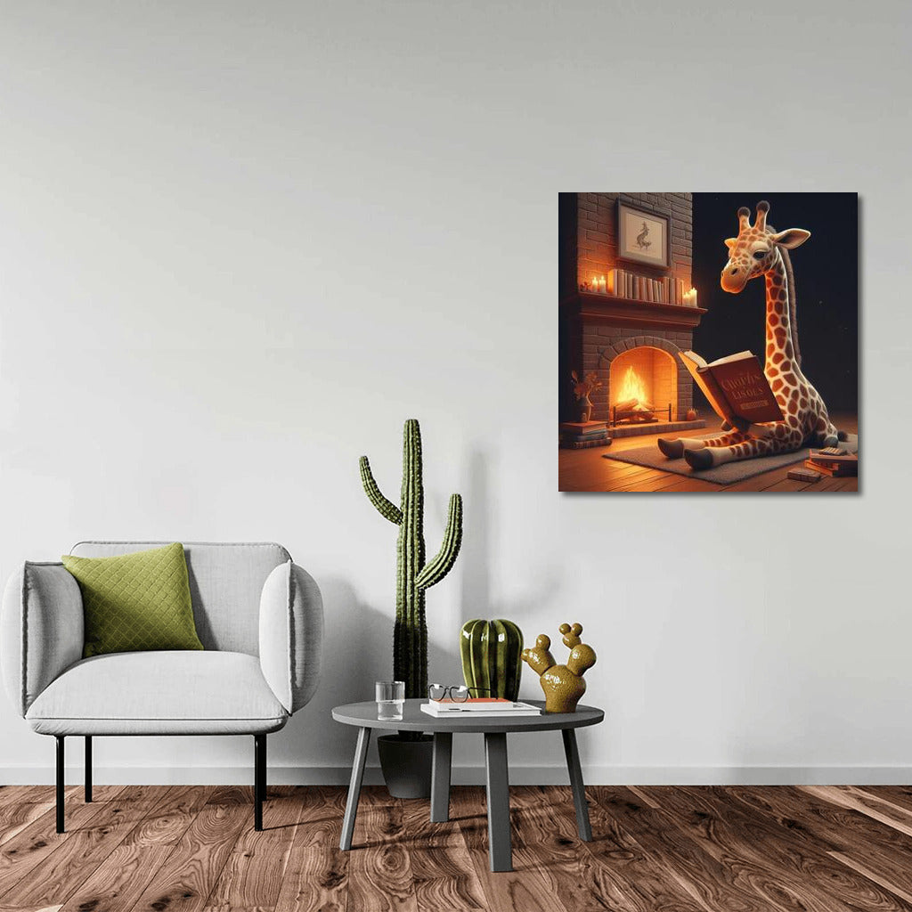 Giraffe at the Fireplace Coziness: Reading in the Warmth