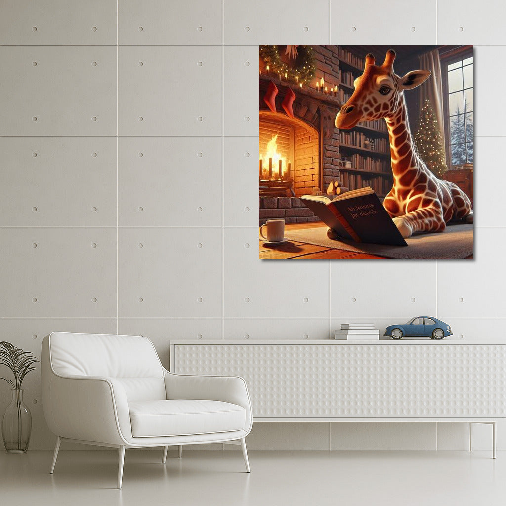 Giraffe by the Fireplace: Reading in Comfort and Warmth