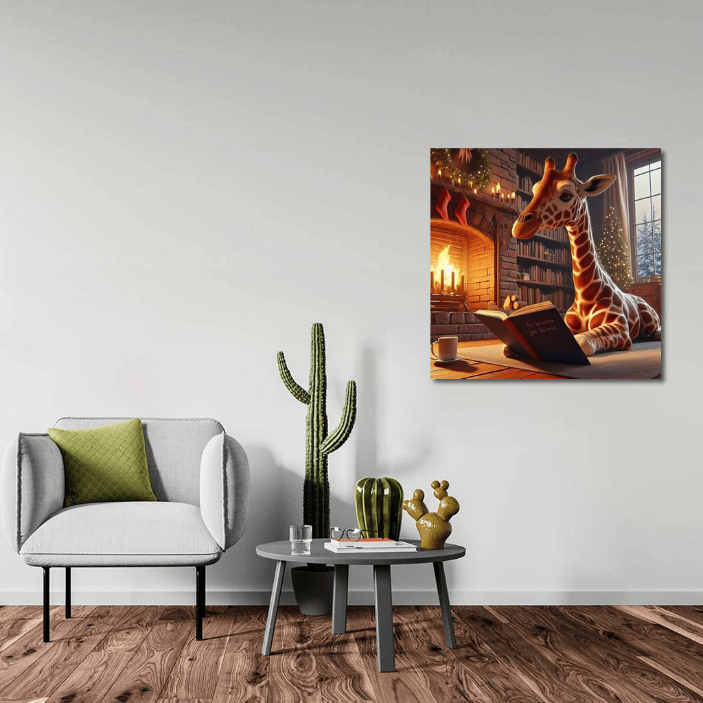 Giraffe by the Fireplace: Reading in Comfort and Warmth