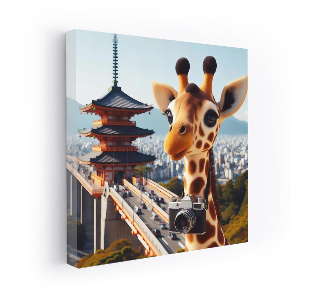 Traveling Giraffe With Camera in Japan: Exotic Adventure on the Wall