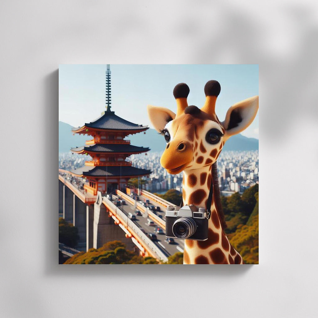 Traveling Giraffe With Camera in Japan: Exotic Adventure on the Wall