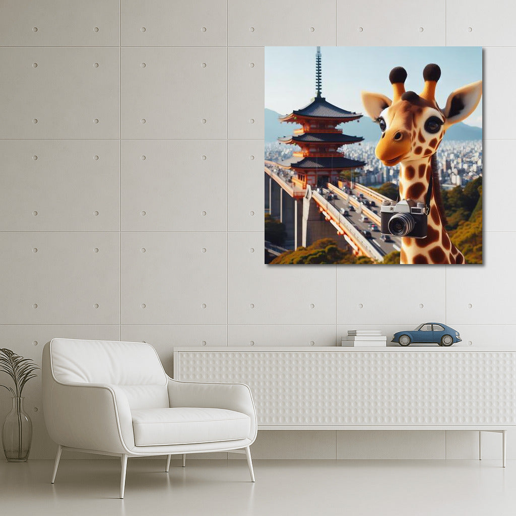 Traveling Giraffe With Camera in Japan: Exotic Adventure on the Wall