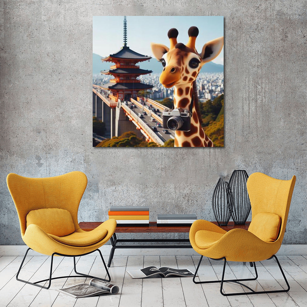 Traveling Giraffe With Camera in Japan: Exotic Adventure on the Wall