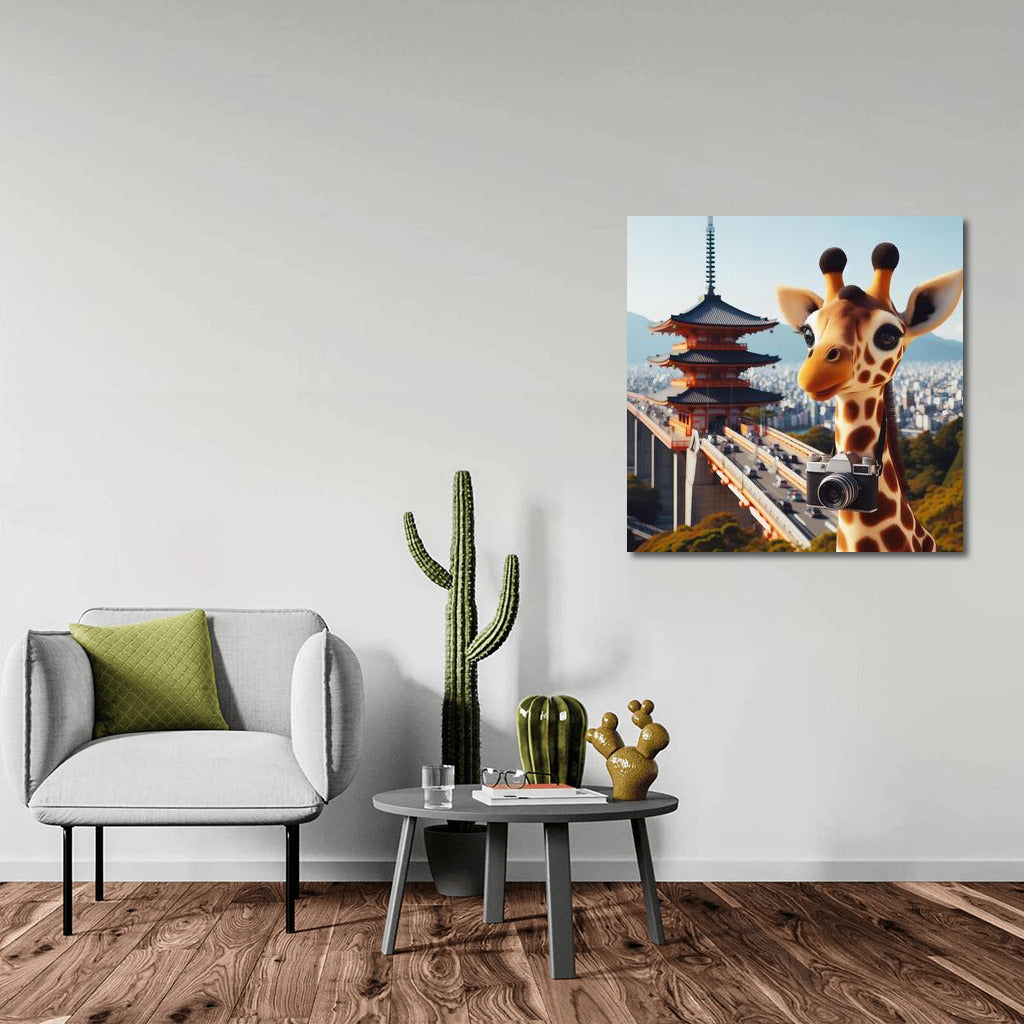 Traveling Giraffe With Camera in Japan: Exotic Adventure on the Wall
