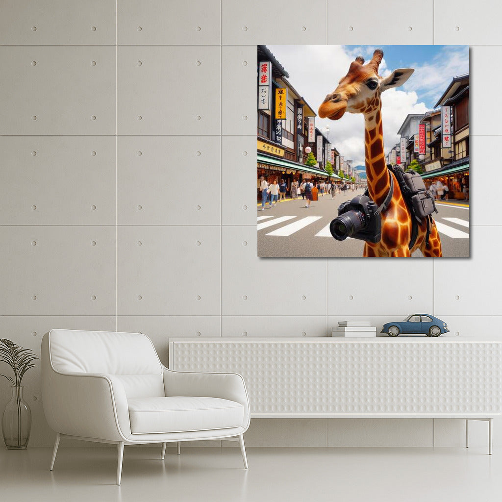 Giraffe Traveler With Camera in Japan: Smile and Inspiration