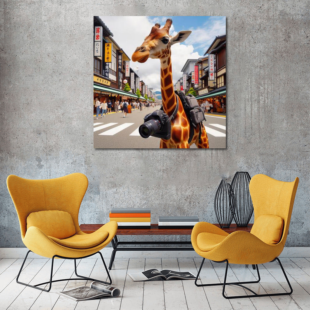 Giraffe Traveler With Camera in Japan: Smile and Inspiration