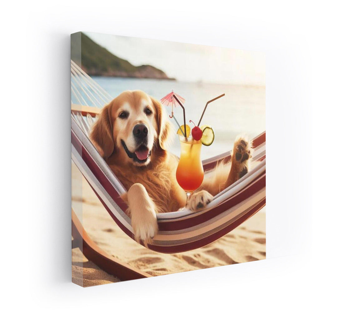Golden Retriever in a Hammock: Summer Beach Fun with a Cocktail