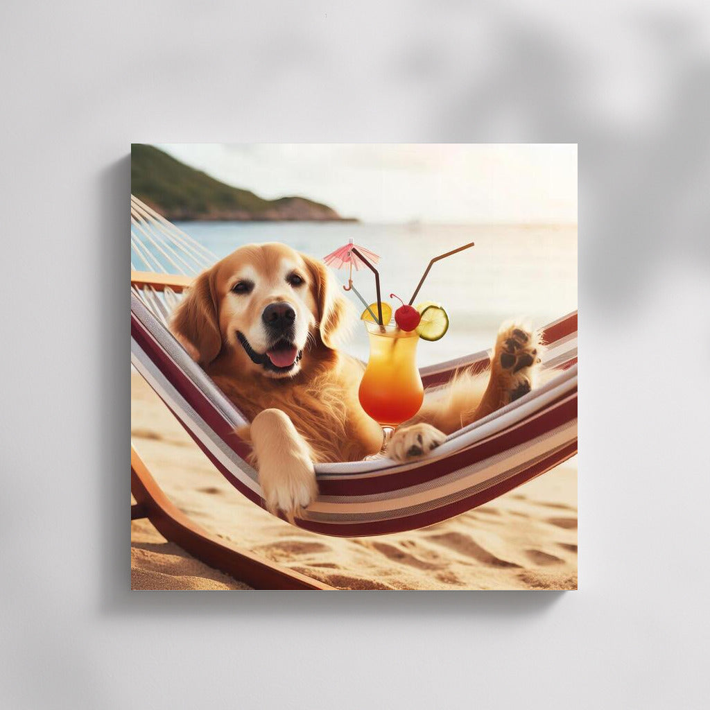Golden Retriever in a Hammock: Summer Beach Fun with a Cocktail