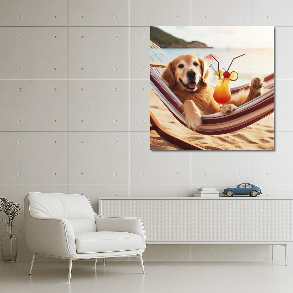 Golden Retriever in a Hammock: Summer Beach Fun with a Cocktail