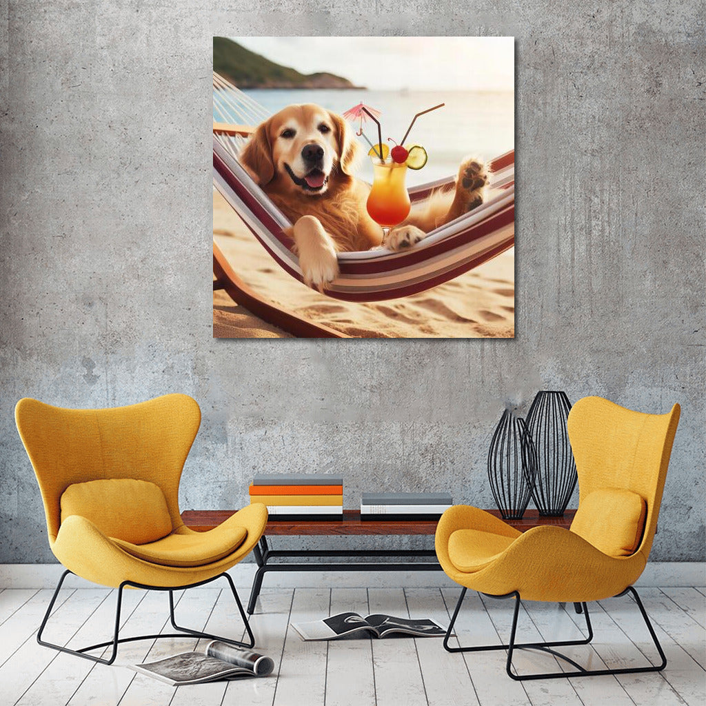 Golden Retriever in a Hammock: Summer Beach Fun with a Cocktail
