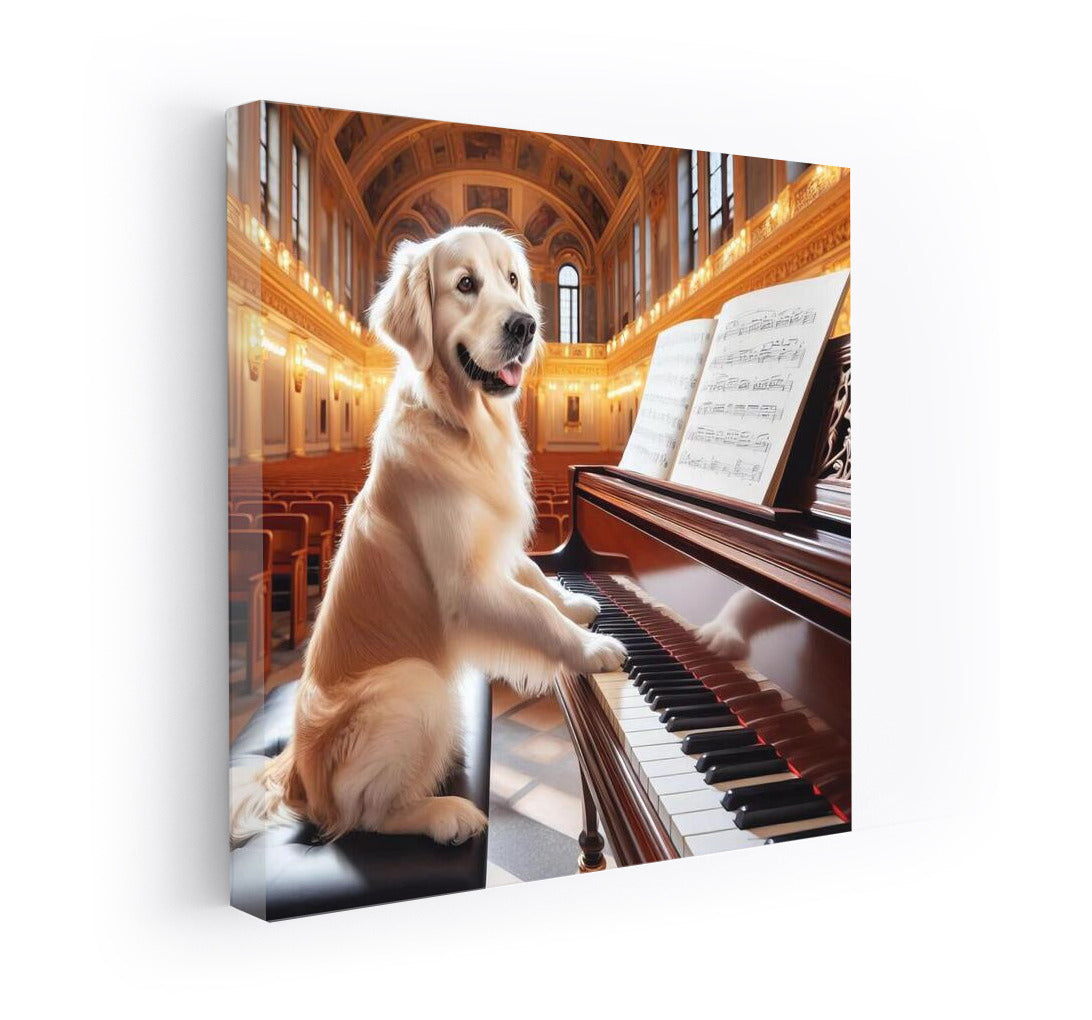 Golden Retriever Maestro: Symphony on the Grand Piano in the Concert Hall