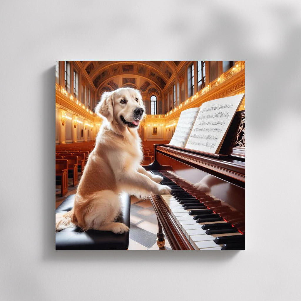 Golden Retriever Maestro: Symphony on the Grand Piano in the Concert Hall