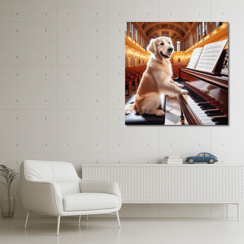 Golden Retriever Maestro: Symphony on the Grand Piano in the Concert Hall