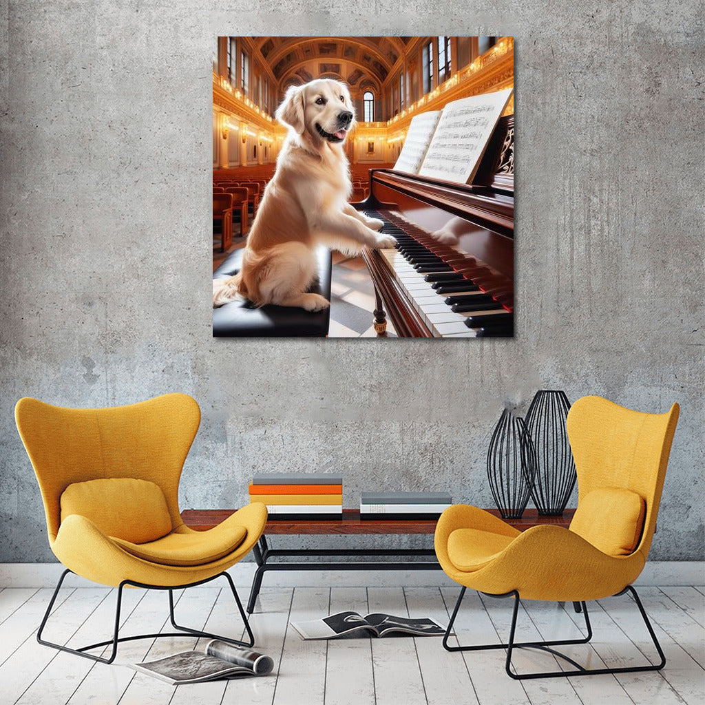 Golden Retriever Maestro: Symphony on the Grand Piano in the Concert Hall