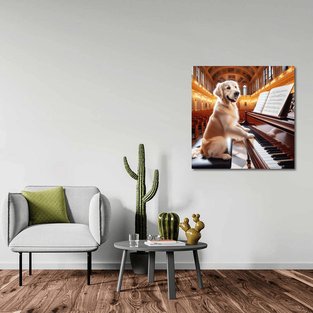 Golden Retriever Maestro: Symphony on the Grand Piano in the Concert Hall