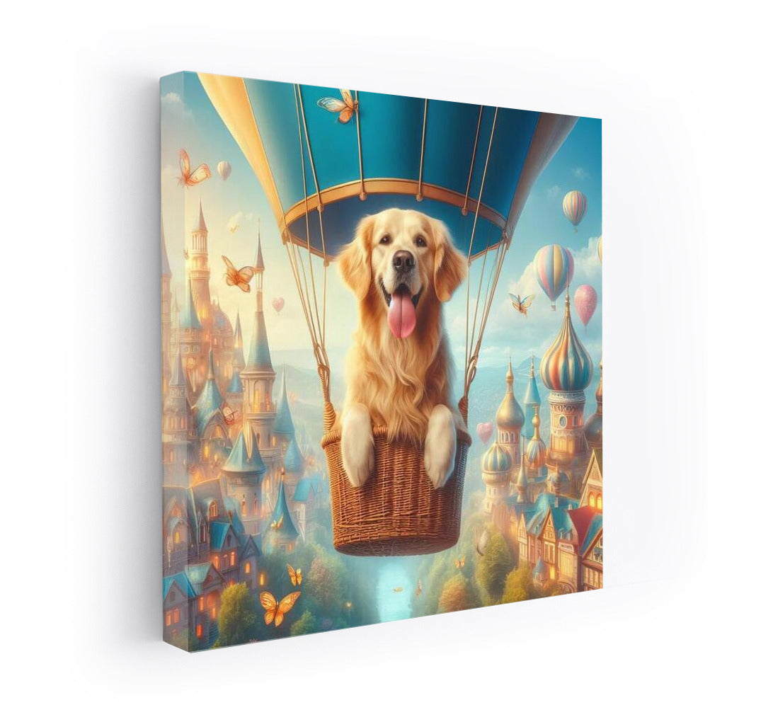 Golden Retriever in a Hot Air Balloon over Fairytale Town