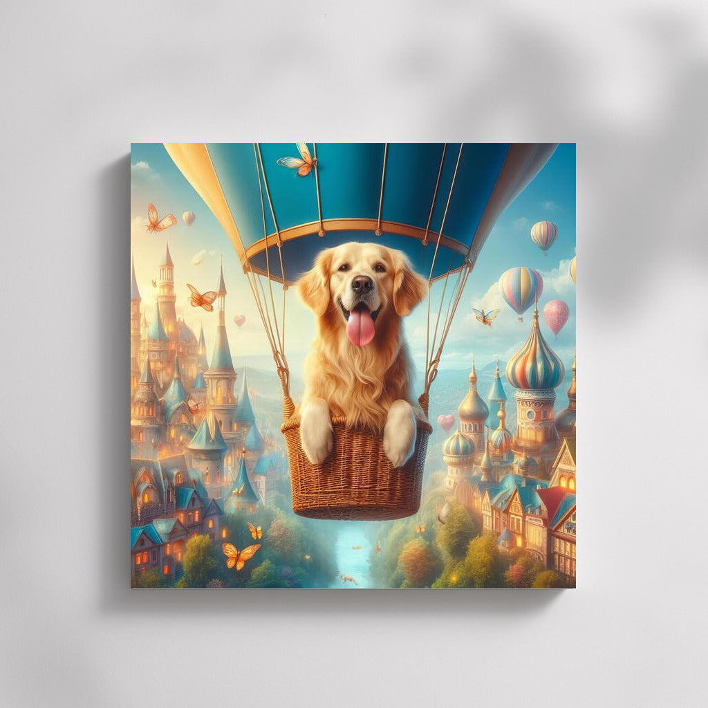 Golden Retriever in a Hot Air Balloon over Fairytale Town