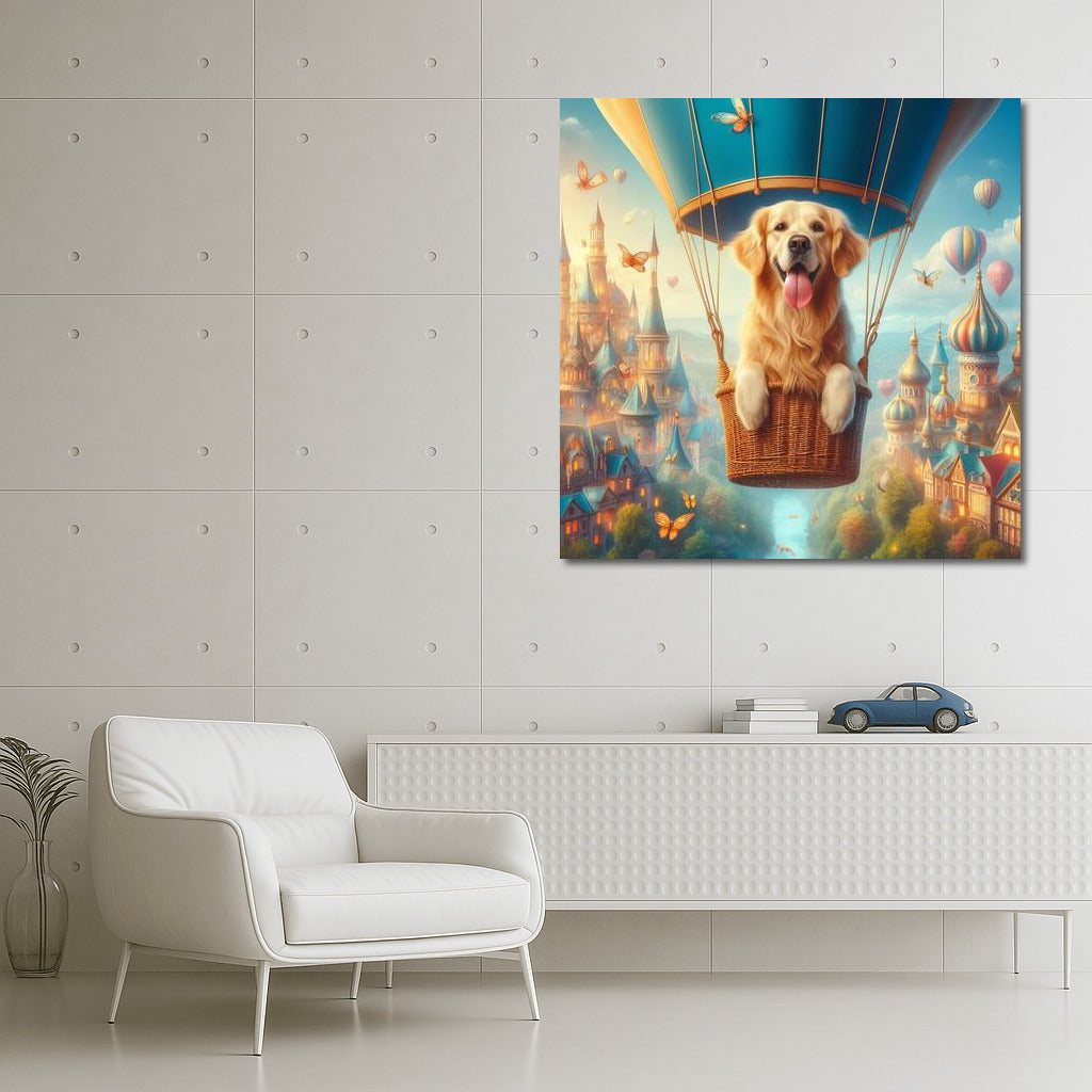 Golden Retriever in a Hot Air Balloon over Fairytale Town