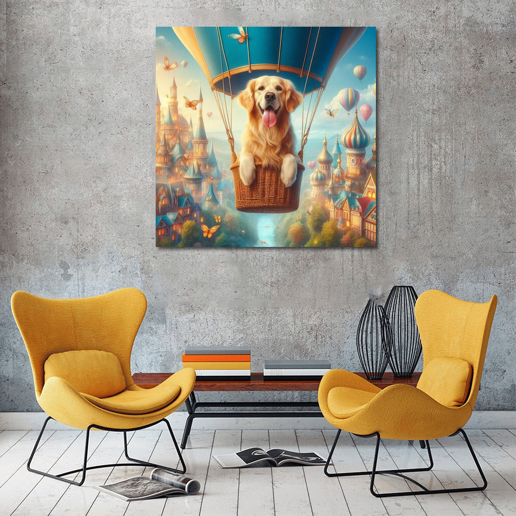 Golden Retriever in a Hot Air Balloon over Fairytale Town