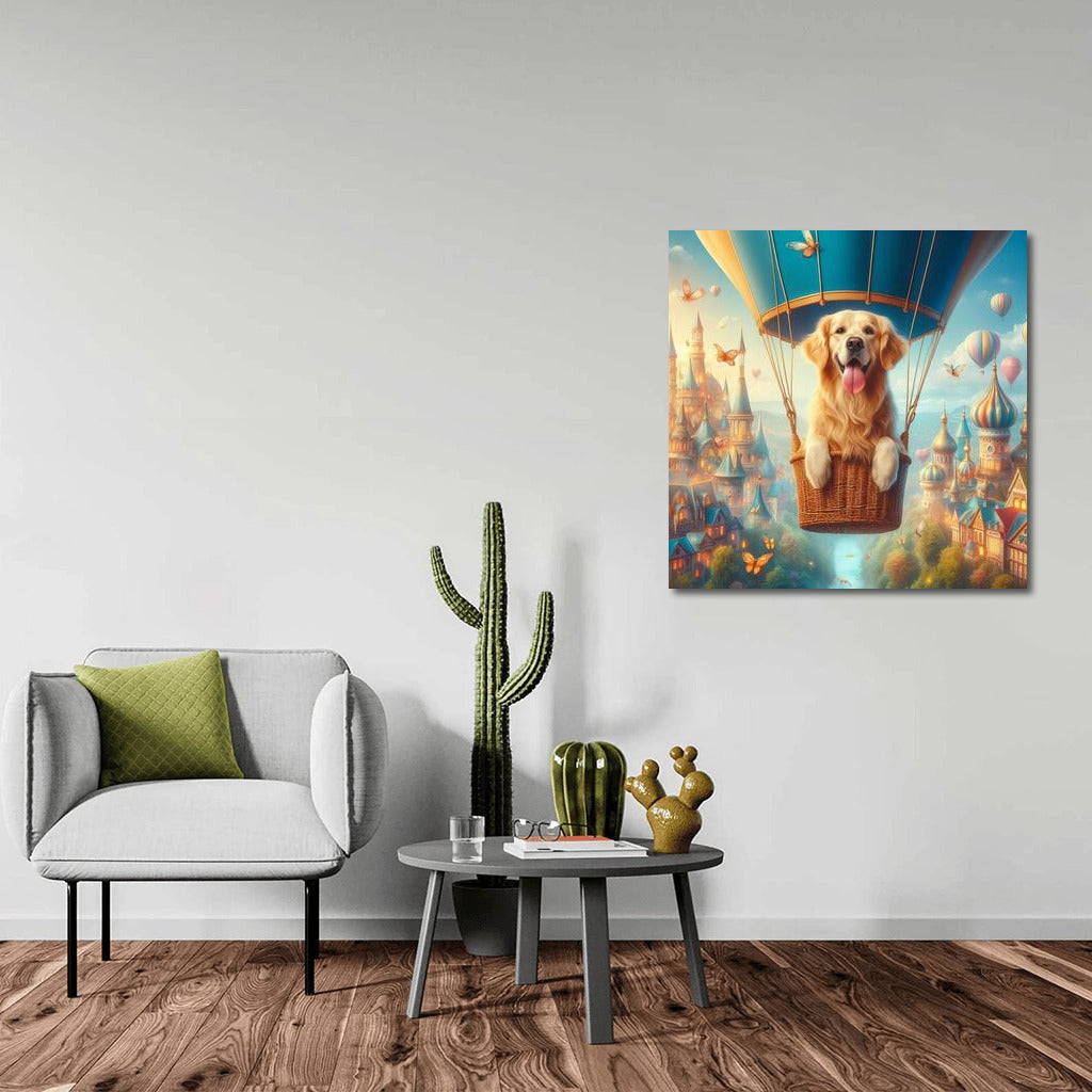 Golden Retriever in a Hot Air Balloon over Fairytale Town
