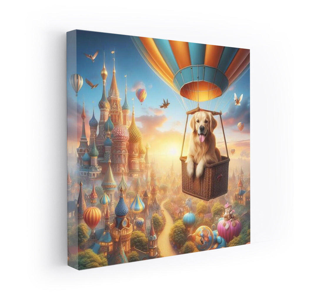 Golden Retriever in a Hot Air Balloon over Fairytale Town