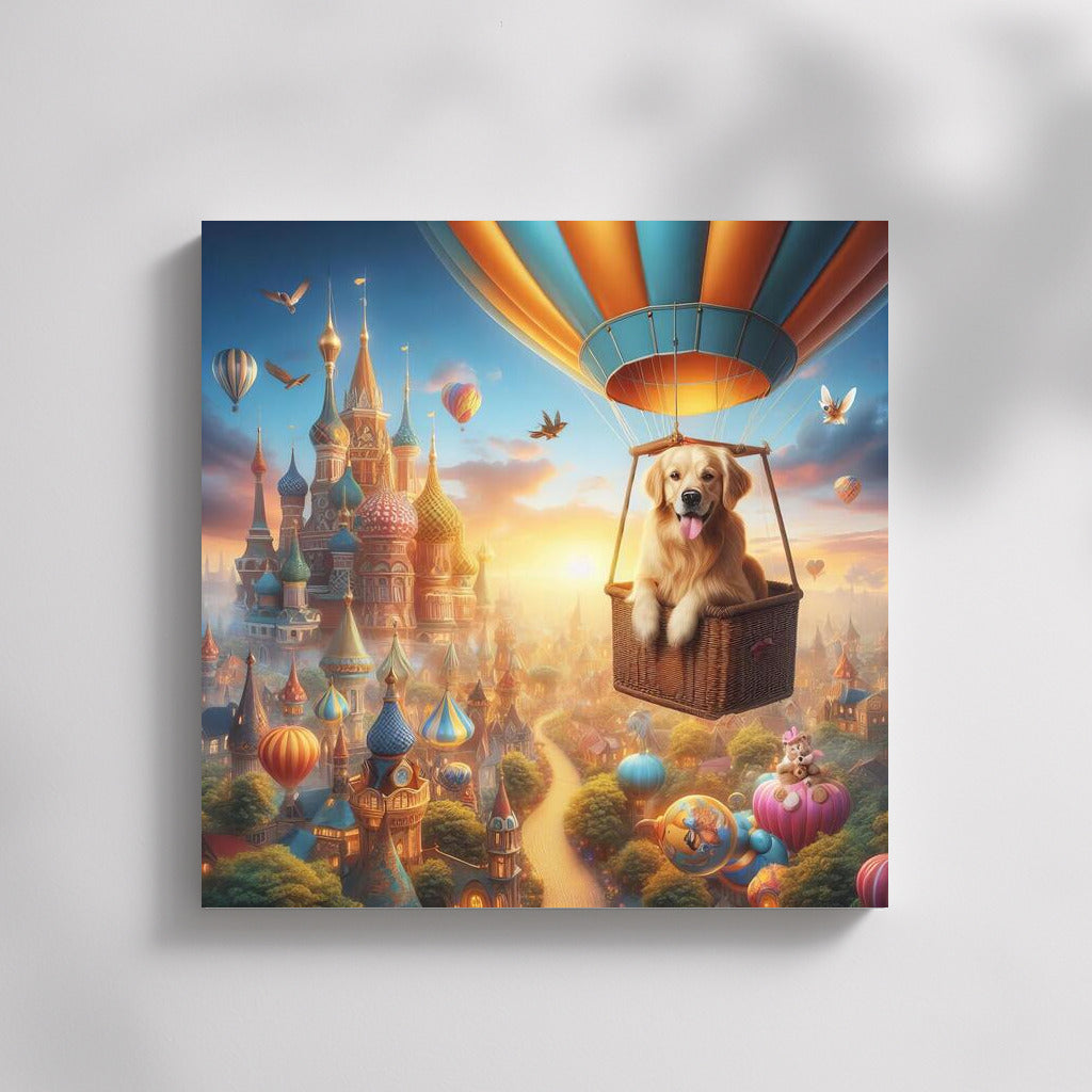 Golden Retriever in a Hot Air Balloon over Fairytale Town
