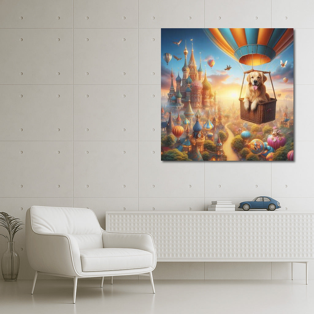 Golden Retriever in a Hot Air Balloon over Fairytale Town