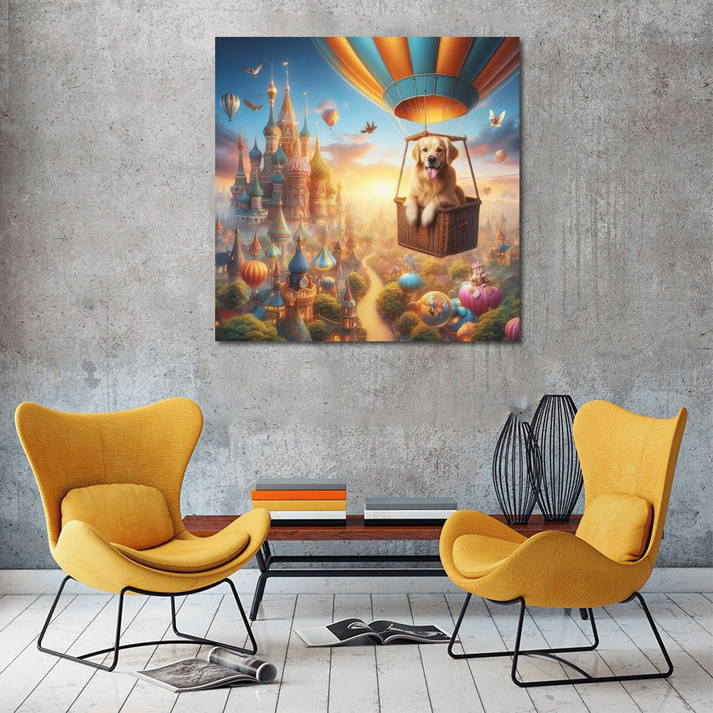 Golden Retriever in a Hot Air Balloon over Fairytale Town