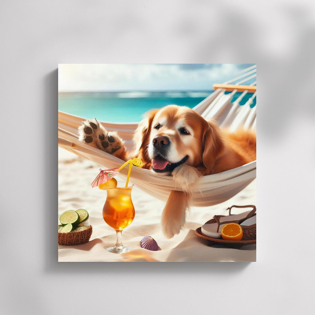 Golden Retriever in a Hammock: Beach Relaxation with a Cocktail