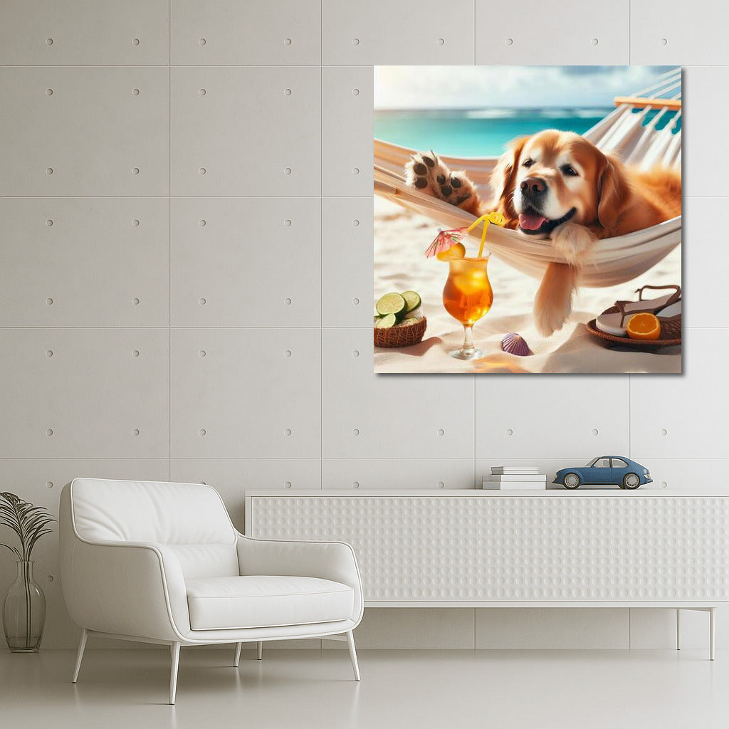 Golden Retriever in a Hammock: Beach Relaxation with a Cocktail