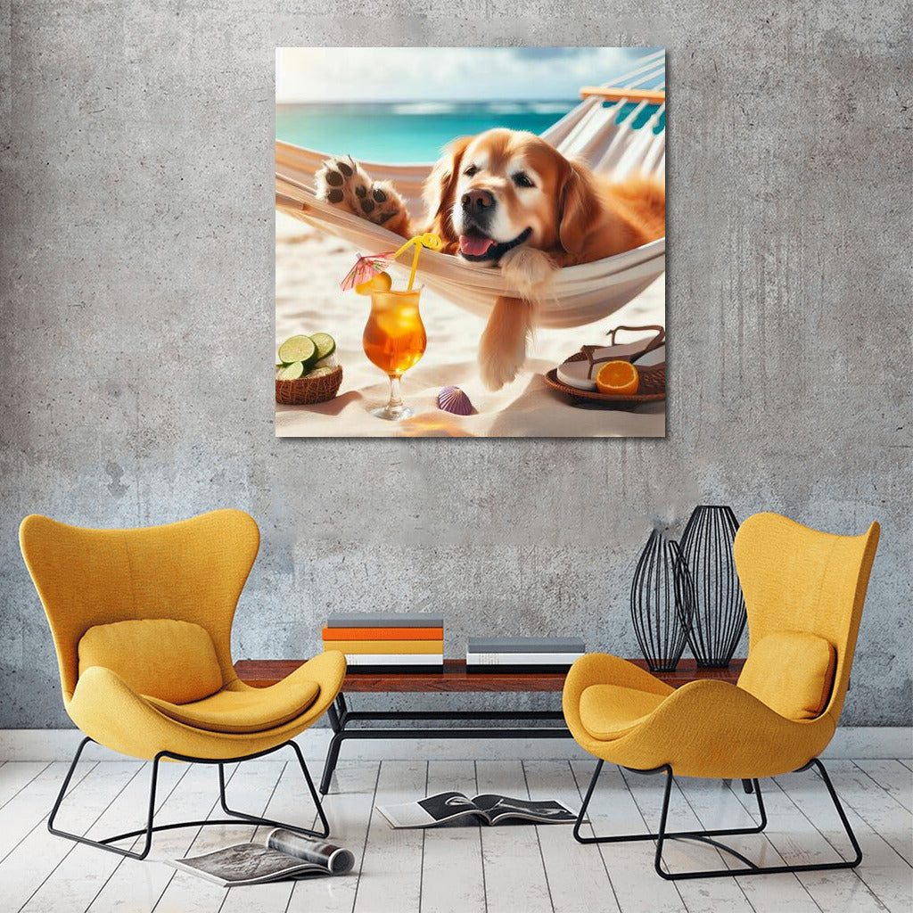 Golden Retriever in a Hammock: Beach Relaxation with a Cocktail