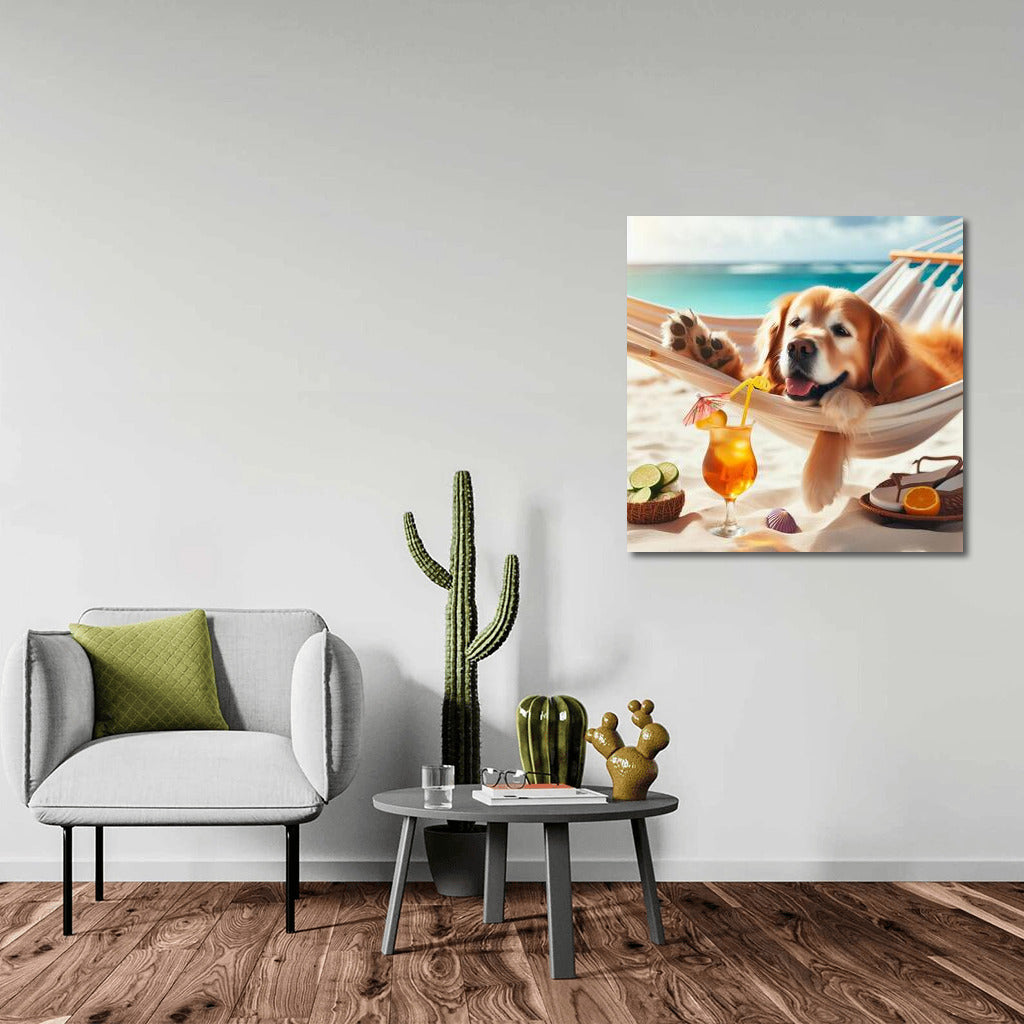 Golden Retriever in a Hammock: Beach Relaxation with a Cocktail