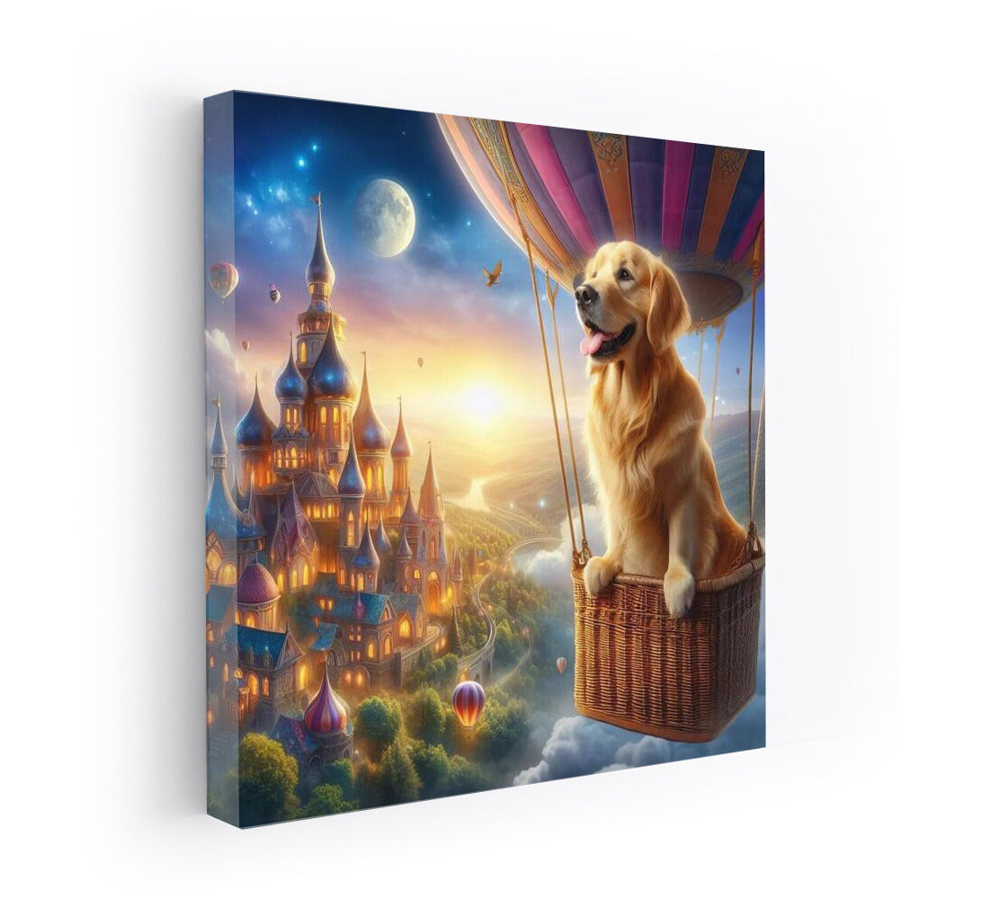 Dreamy Golden Retriever in a Hot Air Balloon over Fairytale Town