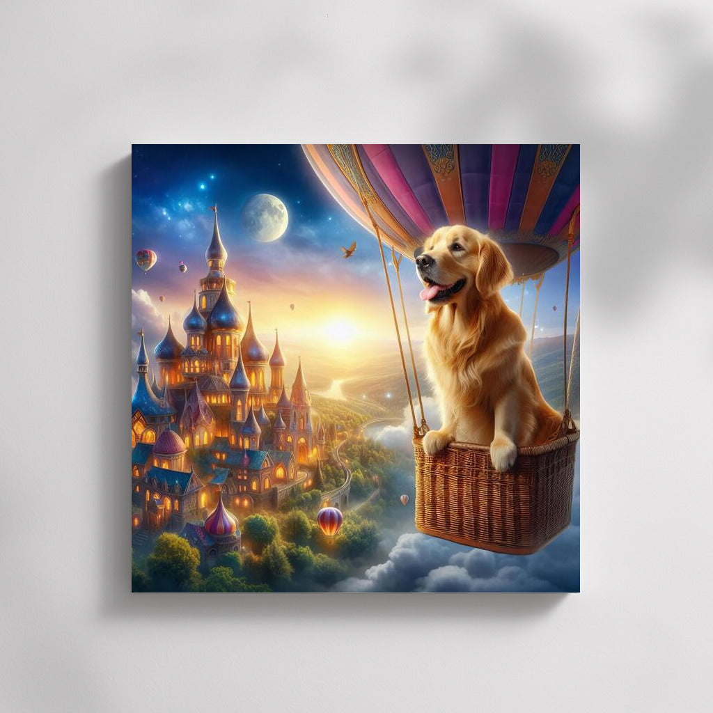 Dreamy Golden Retriever in a Hot Air Balloon over Fairytale Town