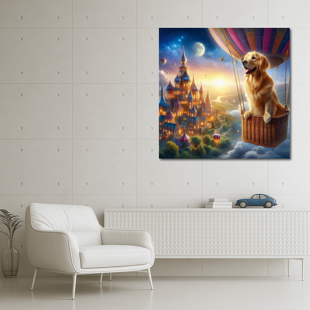 Dreamy Golden Retriever in a Hot Air Balloon over Fairytale Town
