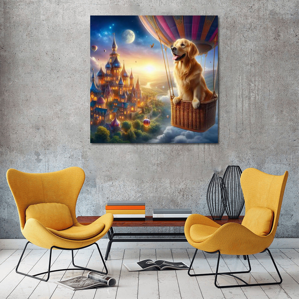 Dreamy Golden Retriever in a Hot Air Balloon over Fairytale Town