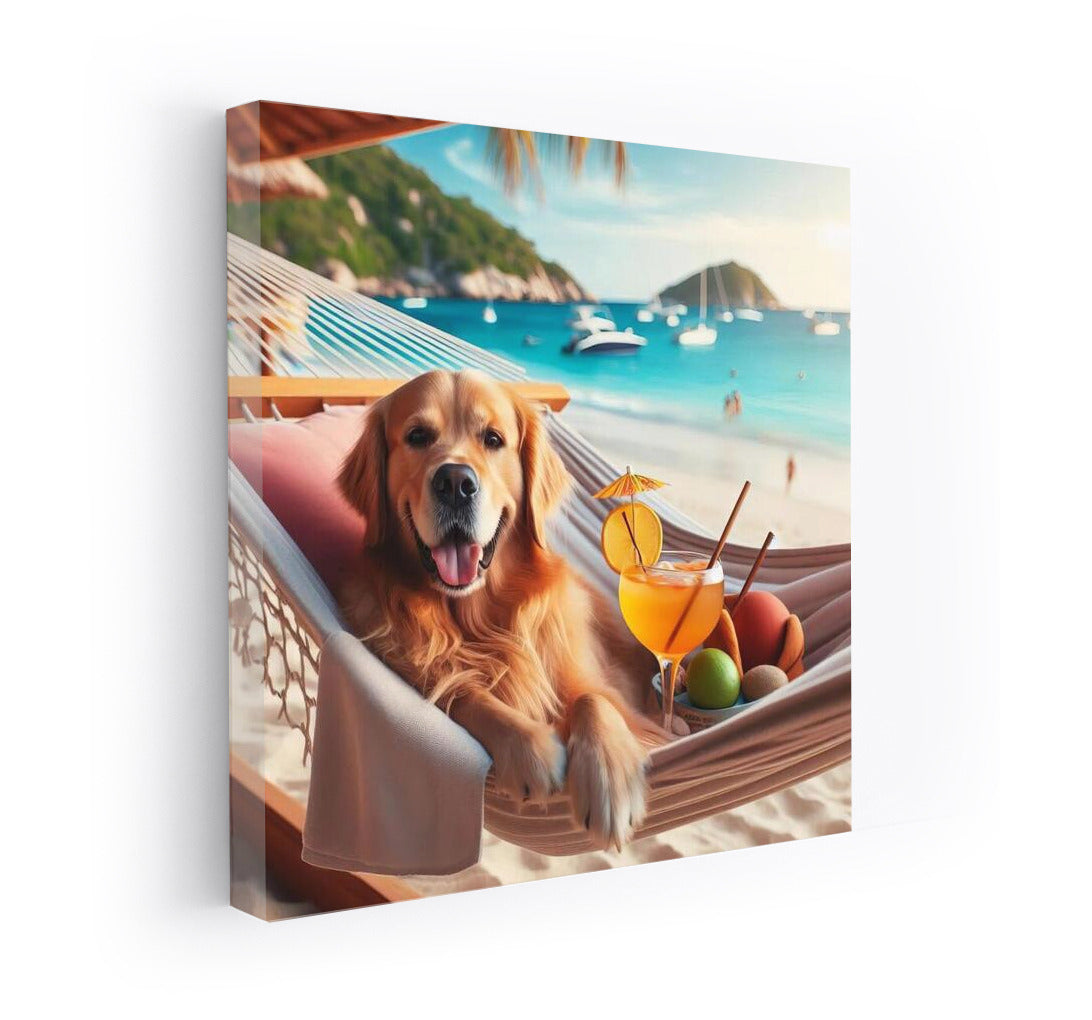 Golden Retriever in a Hammock: Beach Relaxation with a Cocktail