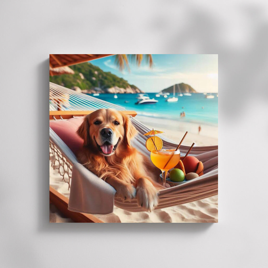Golden Retriever in a Hammock: Beach Relaxation with a Cocktail