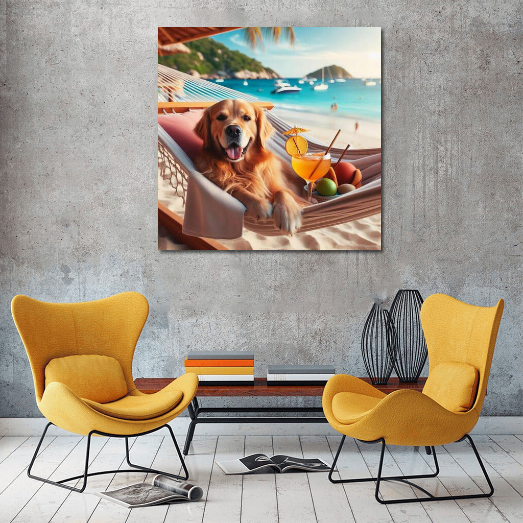 Golden Retriever in a Hammock: Beach Relaxation with a Cocktail