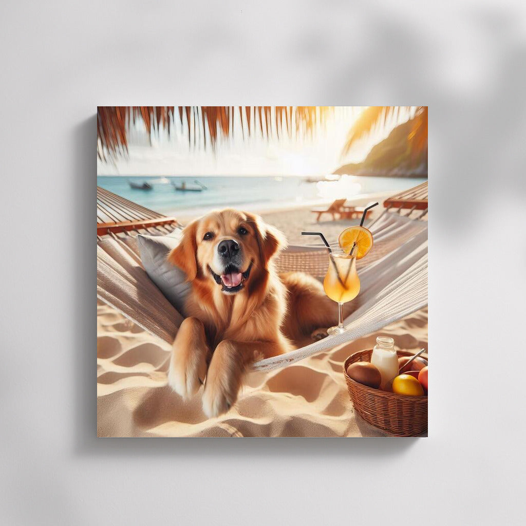 Golden Retriever on the Beach: Cocktail and Hammock