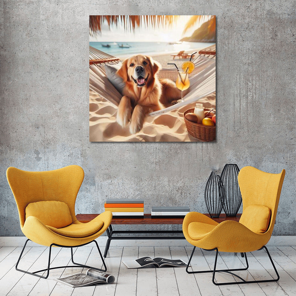 Golden Retriever on the Beach: Cocktail and Hammock